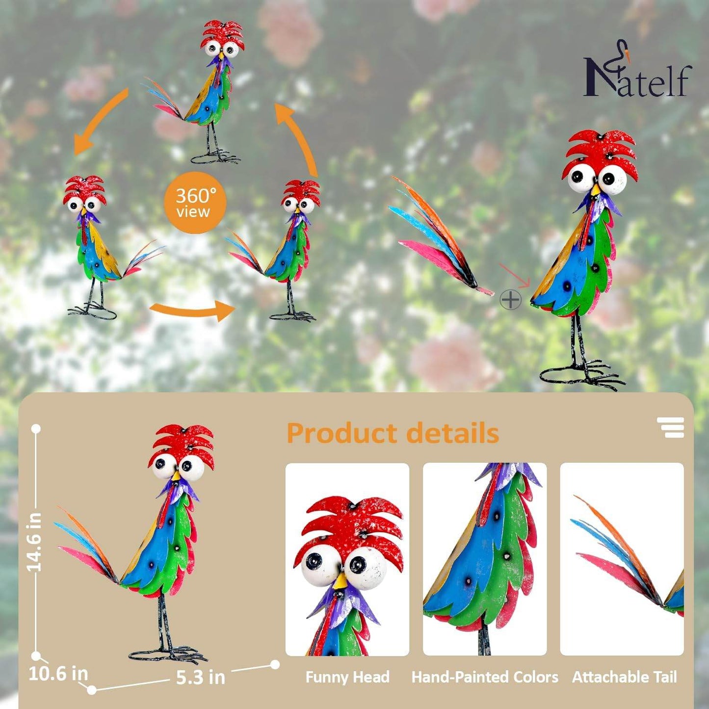Cute Funny Metal Rooster Whimsical Bird Statue Sculpture Art Decor Home Modern Yard Patio Lawn Ornament Outdoor Backyard Porch Decoy Pond - Bellamente Decorations