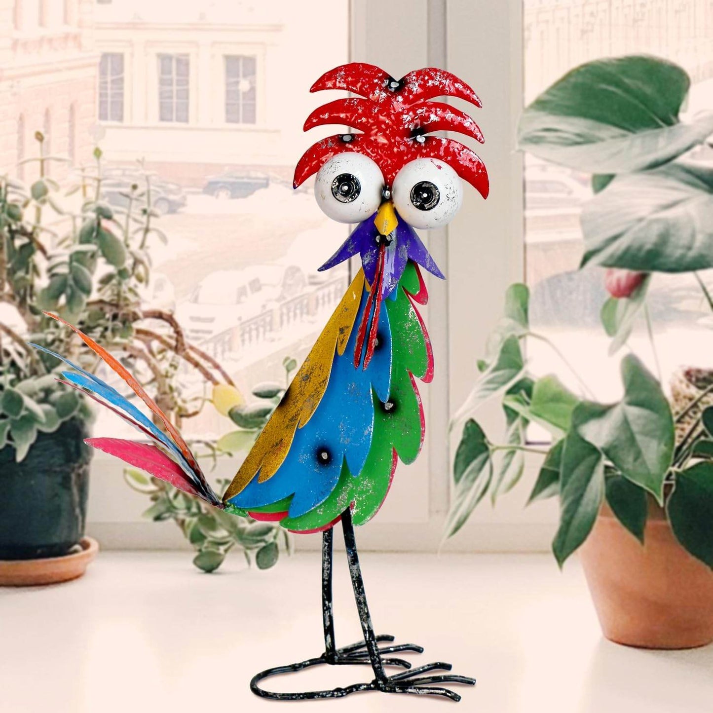 Cute Funny Metal Rooster Whimsical Bird Statue Sculpture Art Decor Home Modern Yard Patio Lawn Ornament Outdoor Backyard Porch Decoy Pond - Bellamente Decorations