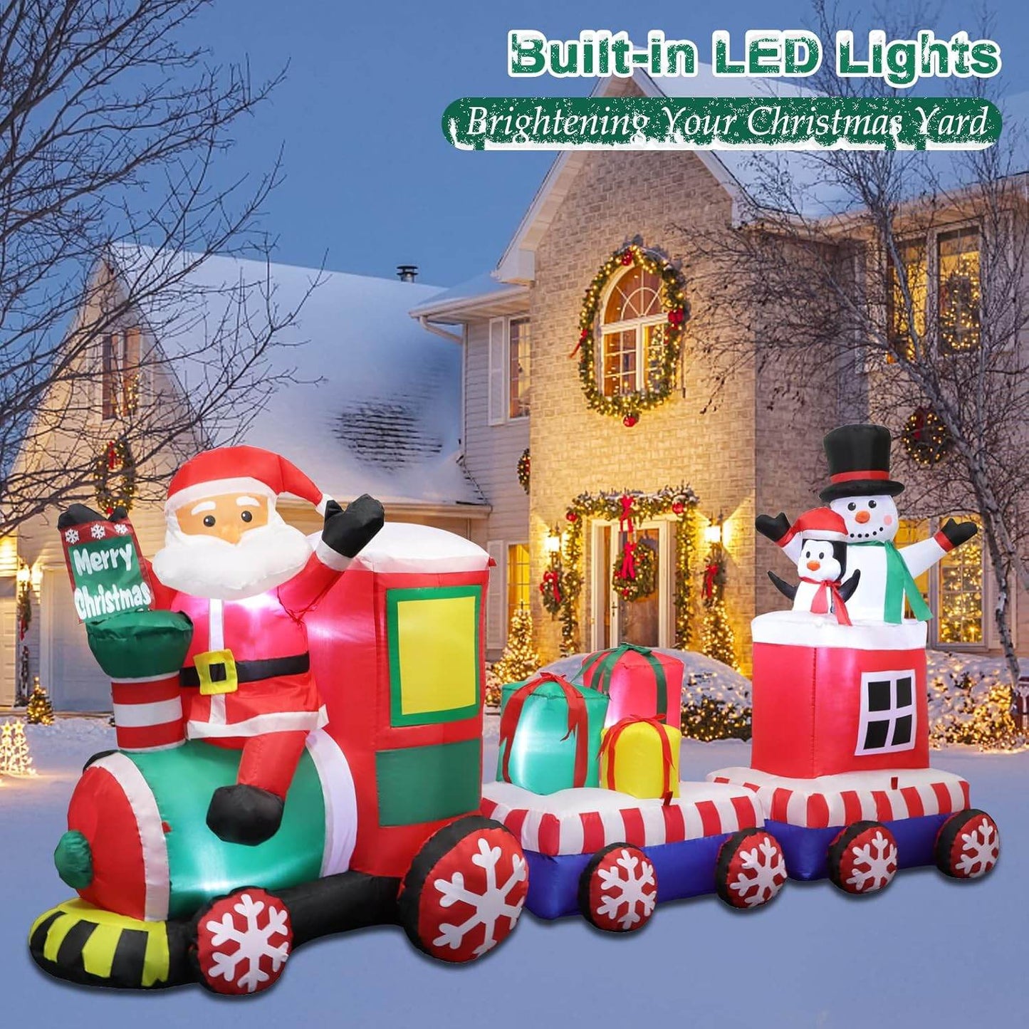 8 FT Christmas Inflatable Train Santa Claus Snowman Penguin Gift Boxes Blow Up Yard Decor Lights Xmas Train Holiday Display Lawn Garden Party Decor - Bellamente Decorations