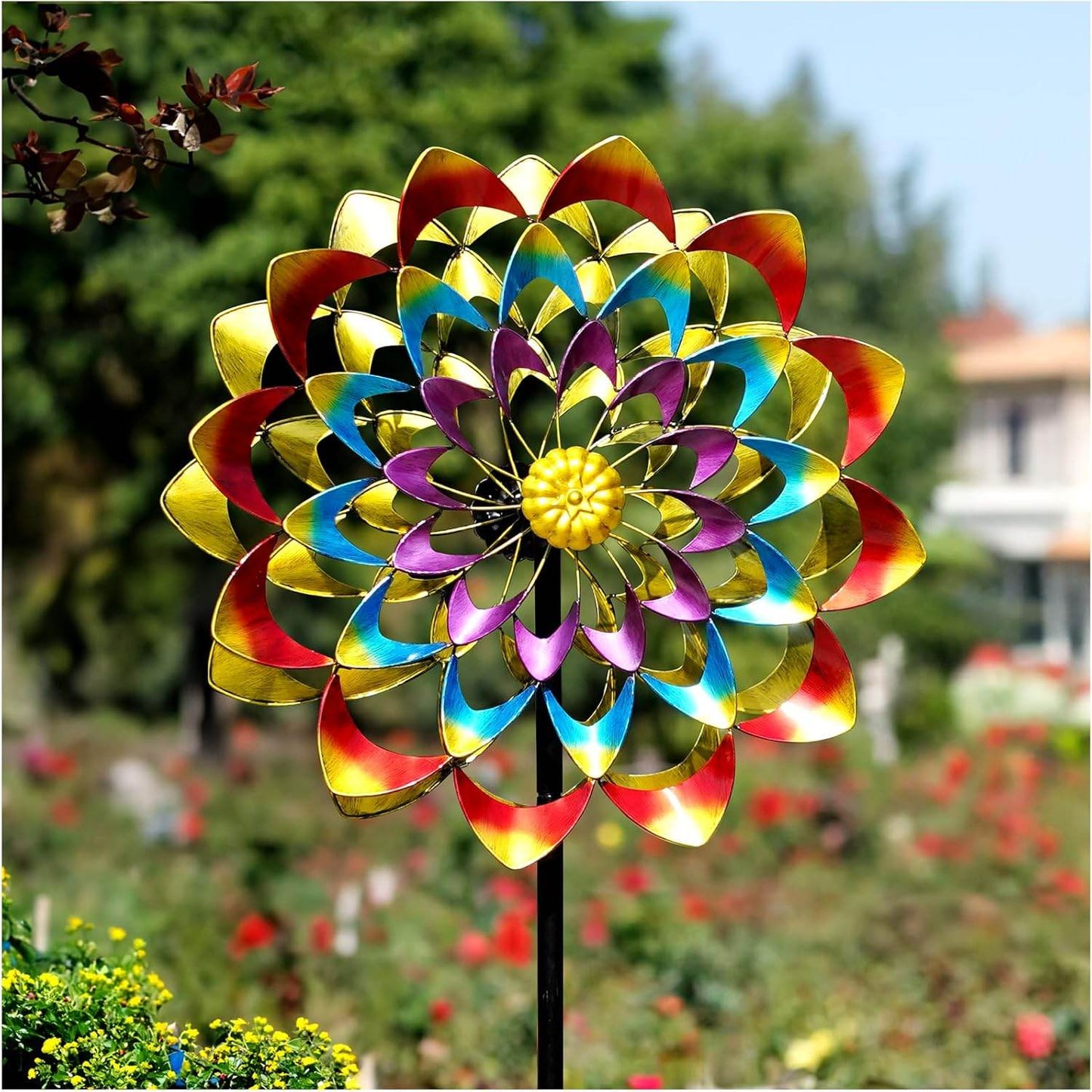 Metal Large Rainbow Wind Spinner Stake Yard Garden Art Ornament Sculptures Kinetic Windmill Lawn Patio Decor - Bellamente Decorations