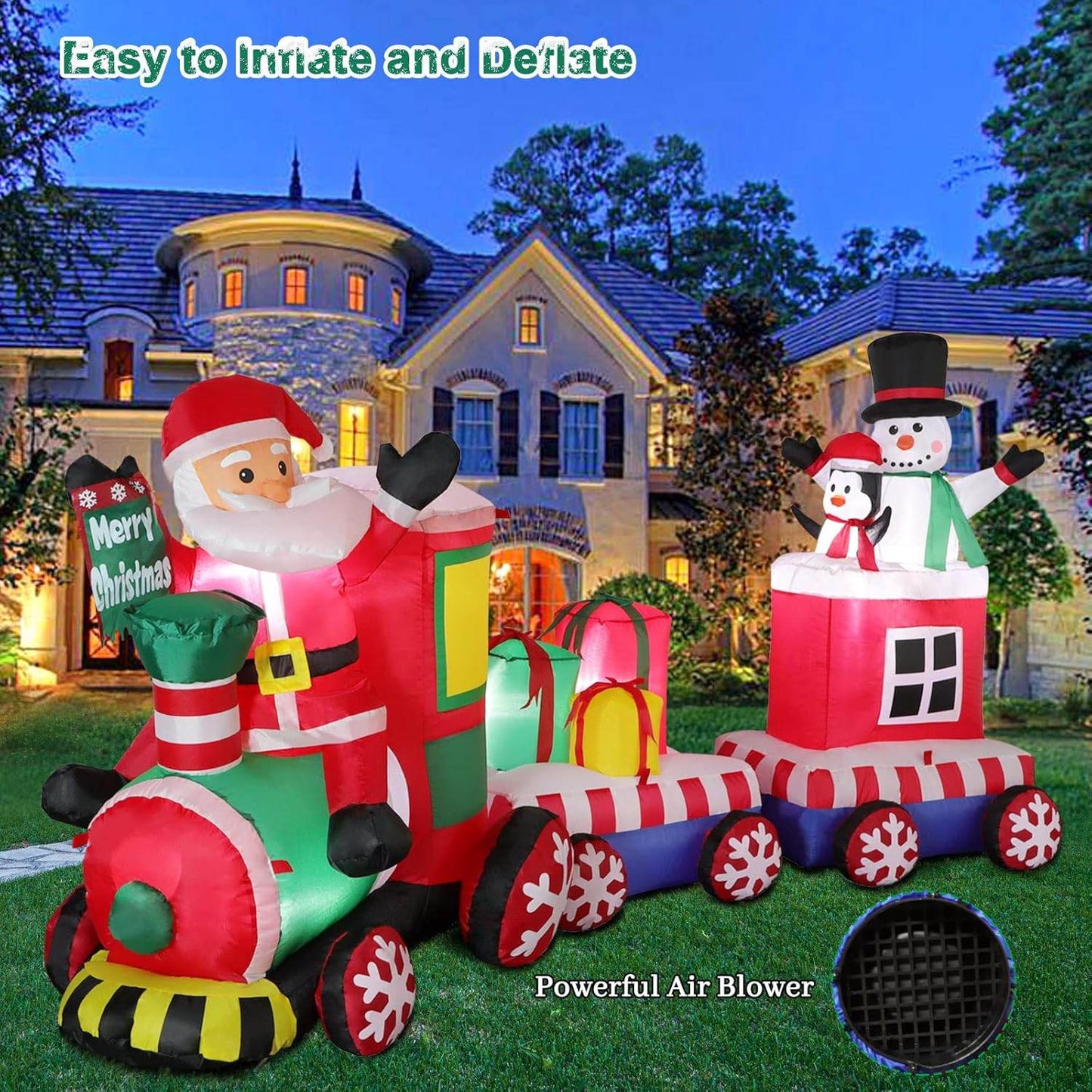 8 FT Christmas Inflatable Train Santa Claus Snowman Penguin Gift Boxes Blow Up Yard Decor Lights Xmas Train Holiday Display Lawn Garden Party Decor - Bellamente Decorations