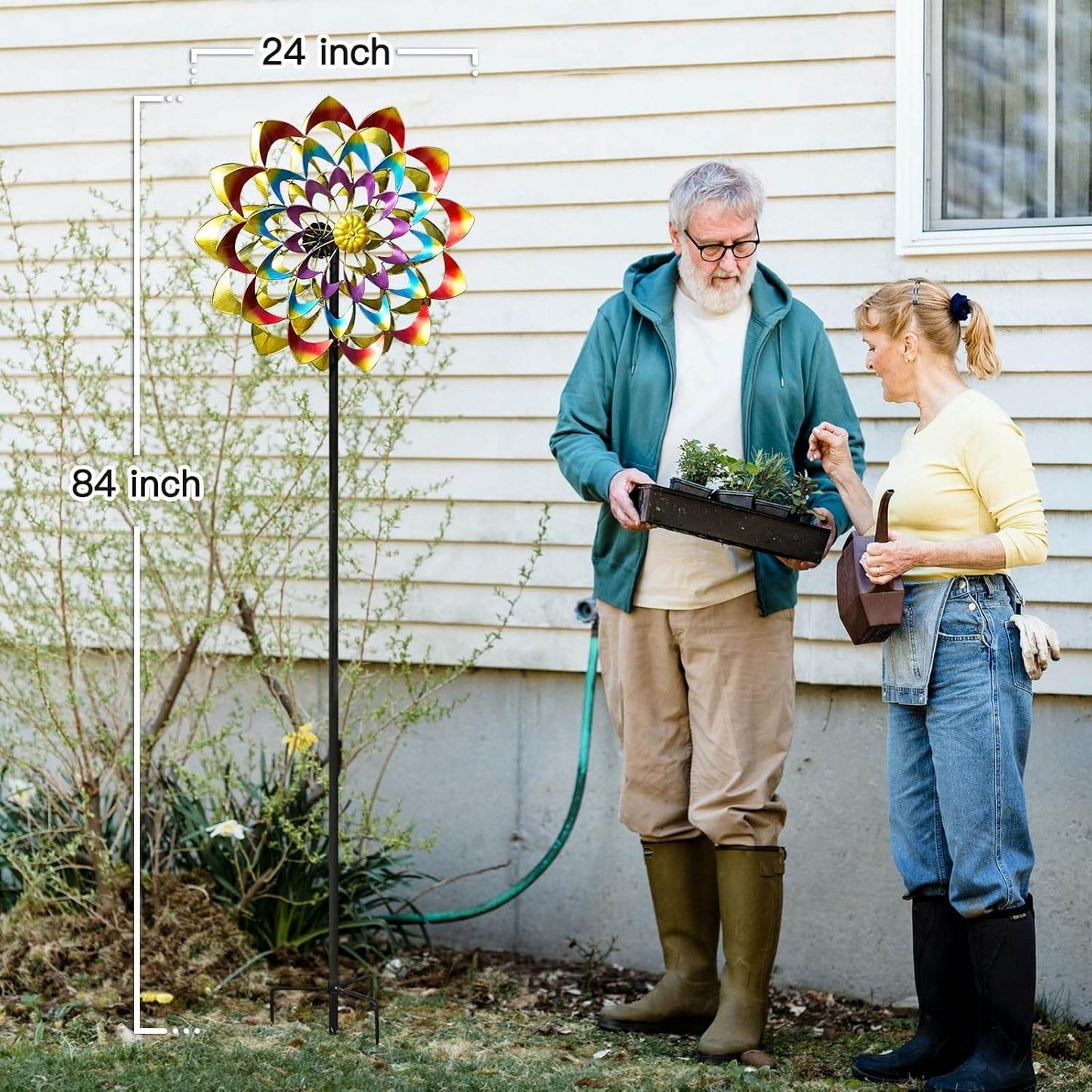Metal Large Rainbow Wind Spinner Stake Yard Garden Art Ornament Sculptures Kinetic Windmill Lawn Patio Decor - Bellamente Decorations