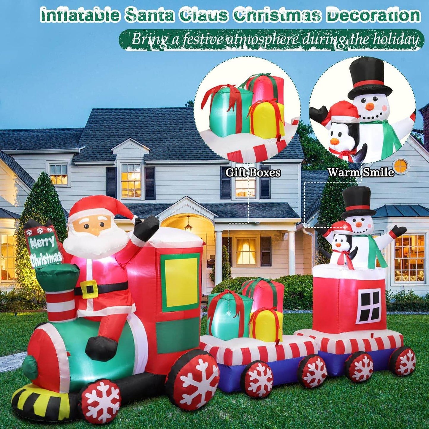 8 FT Christmas Inflatable Train Santa Claus Snowman Penguin Gift Boxes Blow Up Yard Decor Lights Xmas Train Holiday Display Lawn Garden Party Decor - Bellamente Decorations