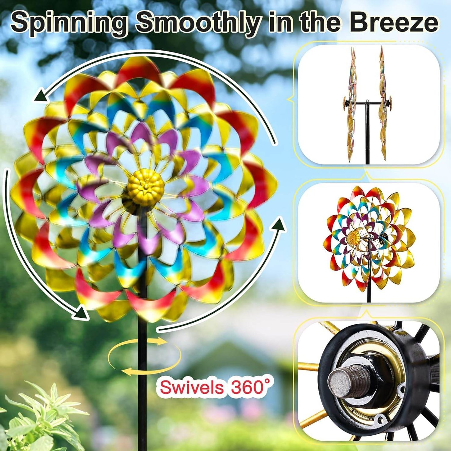 Metal Large Rainbow Wind Spinner Stake Yard Garden Art Ornament Sculptures Kinetic Windmill Lawn Patio Decor - Bellamente Decorations