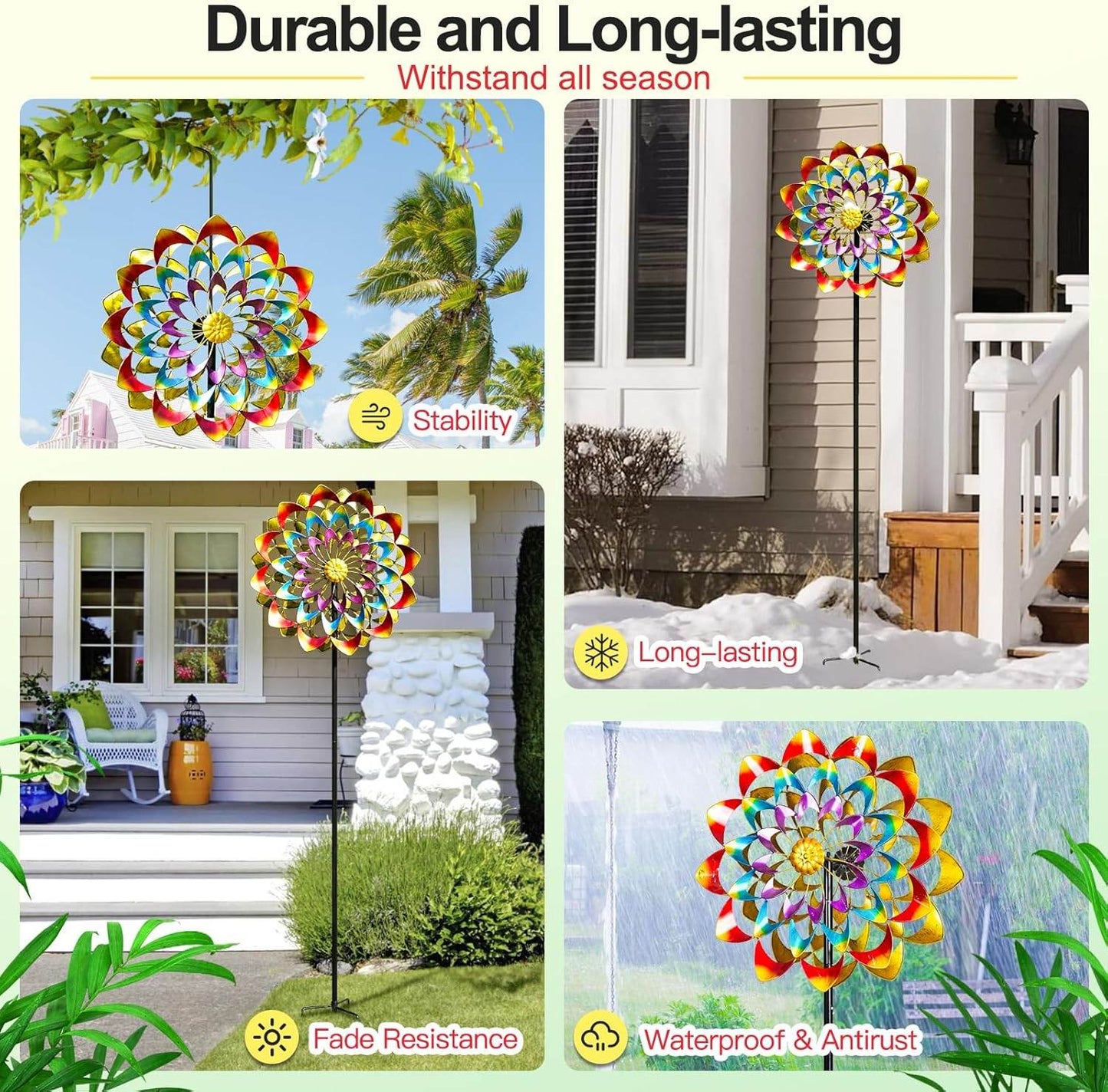 Metal Large Rainbow Wind Spinner Stake Yard Garden Art Ornament Sculptures Kinetic Windmill Lawn Patio Decor - Bellamente Decorations