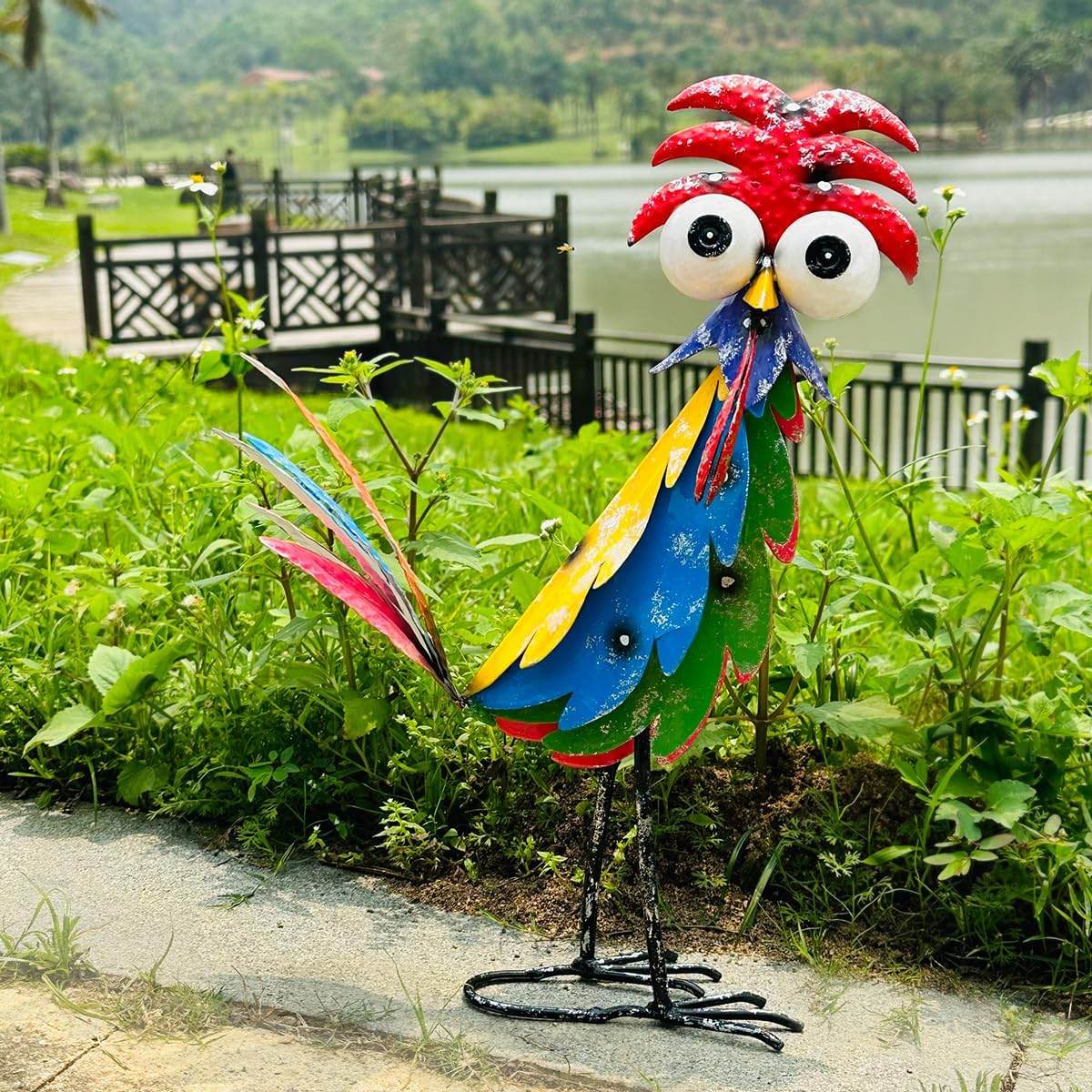 Cute Funny Metal Rooster Whimsical Bird Statue Sculpture Art Decor Home Modern Yard Patio Lawn Ornament Outdoor Backyard Porch Decoy Pond - Bellamente Decorations