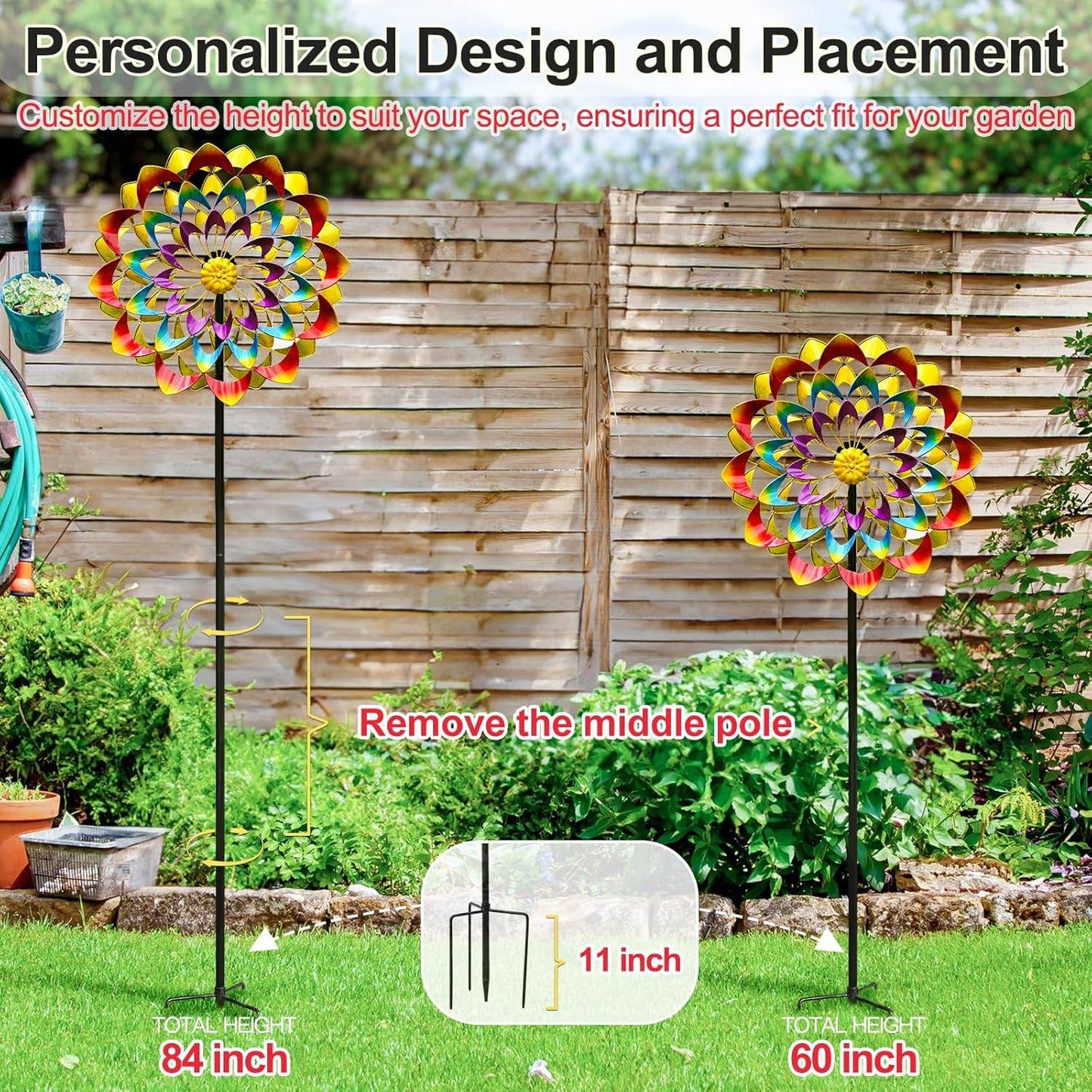 Metal Large Rainbow Wind Spinner Stake Yard Garden Art Ornament Sculptures Kinetic Windmill Lawn Patio Decor - Bellamente Decorations