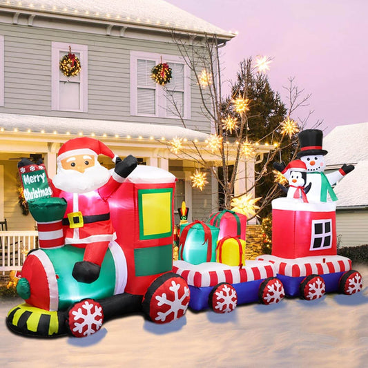 8 FT Christmas Inflatable Train Santa Claus Snowman Penguin Gift Boxes Blow Up Yard Decor Lights Xmas Train Holiday Display Lawn Garden Party Decor - Bellamente Decorations