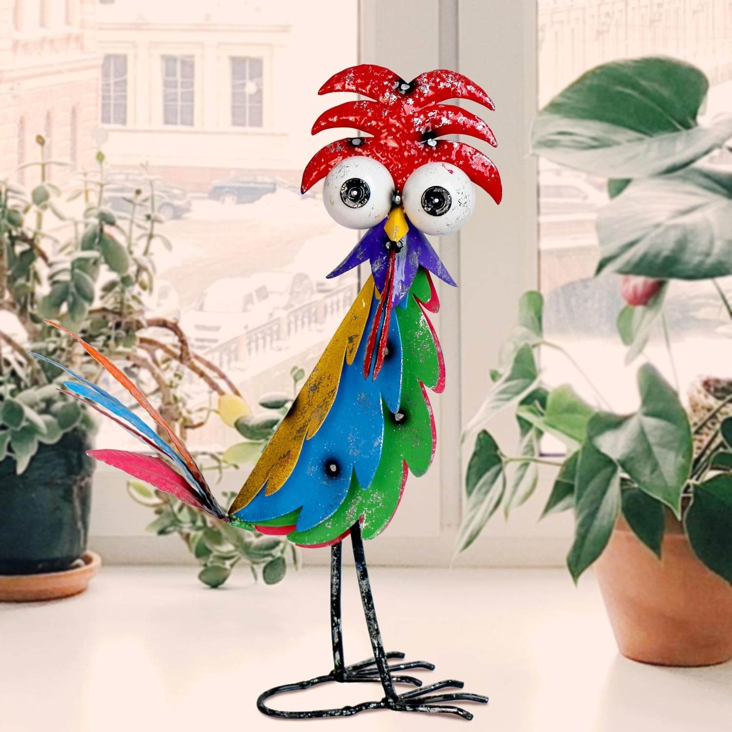 Cute Funny Metal Rooster Whimsical Bird Statue Sculpture Art Decor Home Modern Yard Patio Lawn Ornament Outdoor Backyard Porch Decoy Pond - Bellamente Decorations