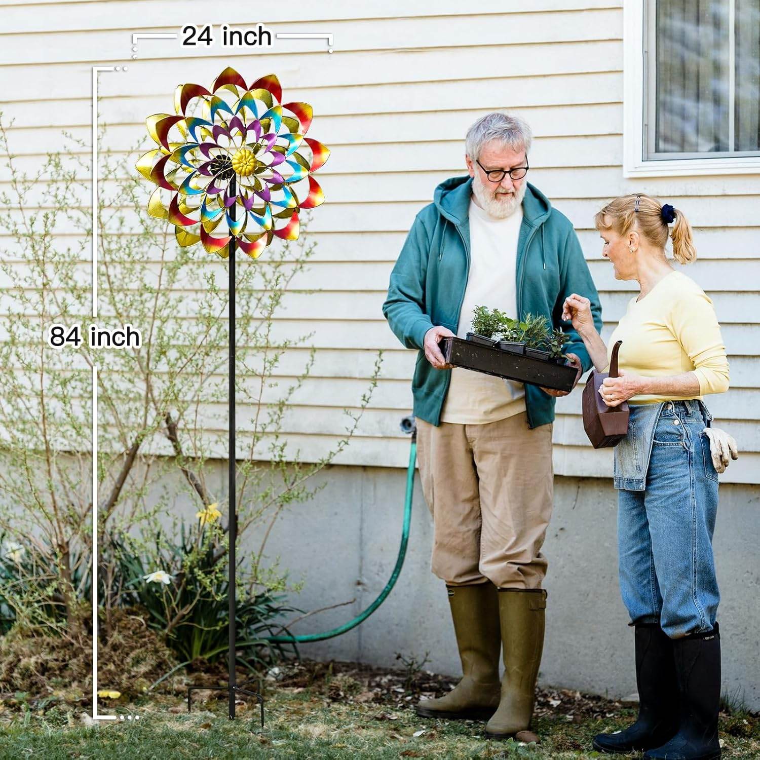 Metal Large Rainbow Wind Spinner Stake Yard Garden Art Ornament Sculptures Kinetic Windmill Lawn Patio Decor - Bellamente Decorations