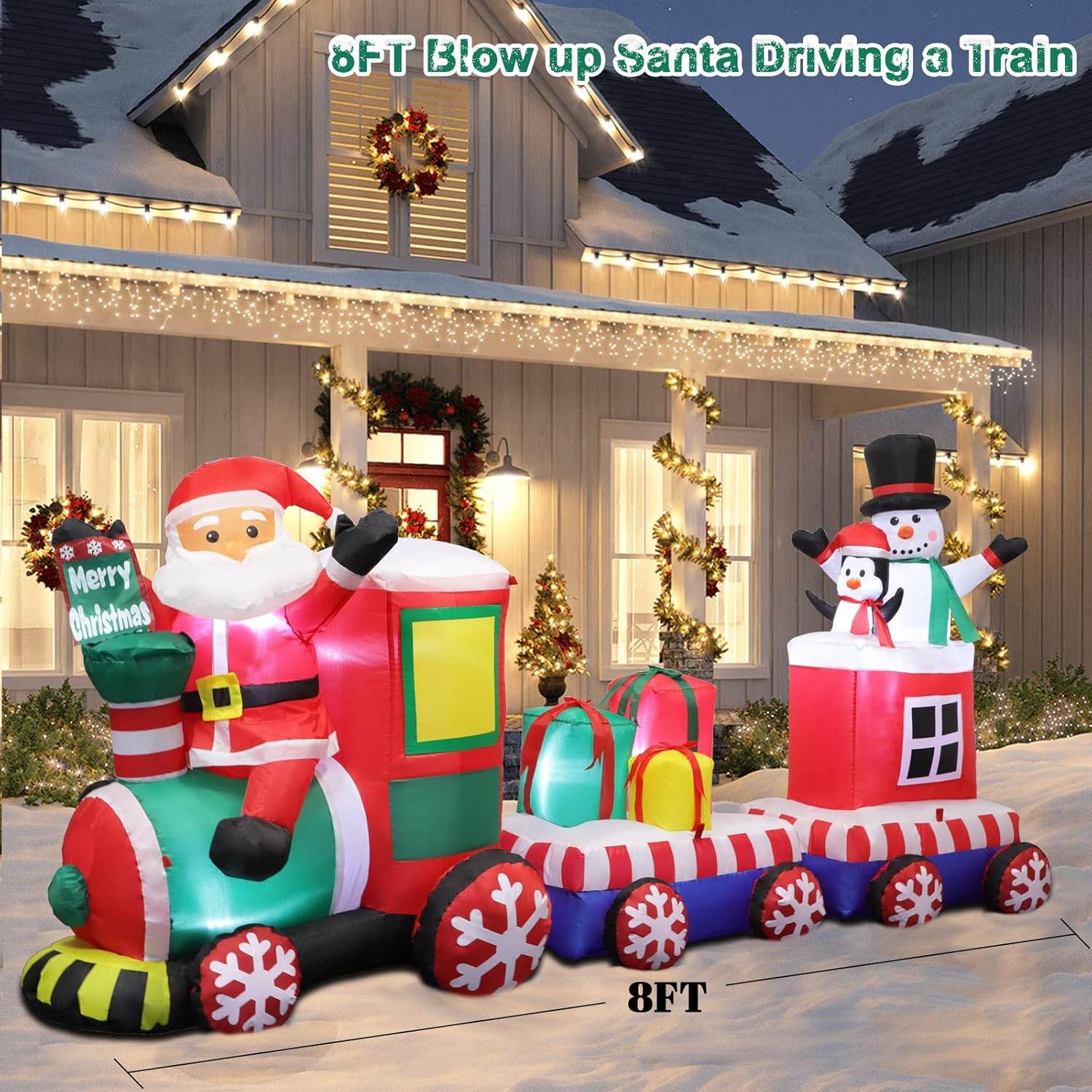 8 FT Christmas Inflatable Train Santa Claus Snowman Penguin Gift Boxes Blow Up Yard Decor Lights Xmas Train Holiday Display Lawn Garden Party Decor - Bellamente Decorations