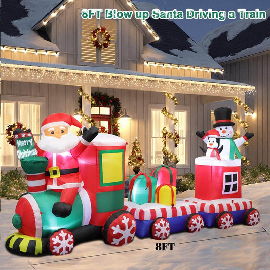 8 FT Christmas Inflatable Train Santa Claus Snowman Penguin Gift Boxes Blow Up Yard Decor Lights Xmas Train Holiday Display Lawn Garden Party Decor - Bellamente Decorations