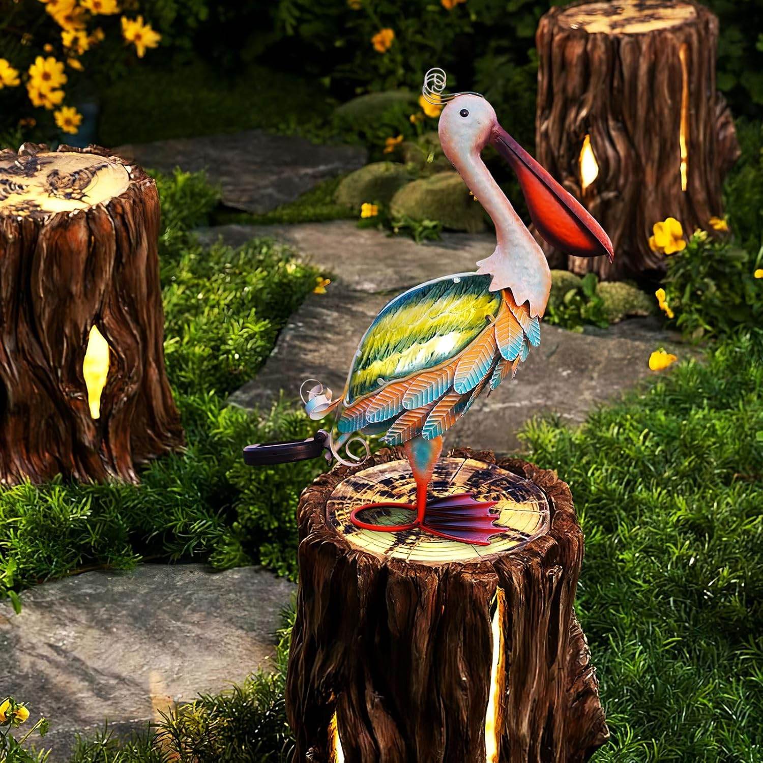 Solar LED Lights Metal Glass Pelican Statue Sculpture Coastal Ocean Bird Art Decor Home Yard Patio Lawn Ornament Outdoor Backyard Porch Decoy Pond - Bellamente Decorations